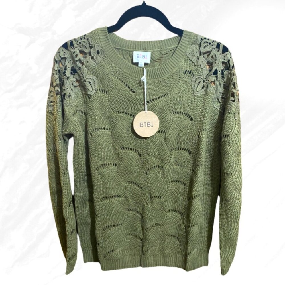 BiBi Casual Chic Olive Pointelle Lace Shoulder Knit Sweater